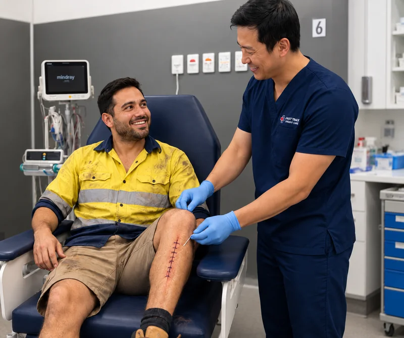 A clinician caring for a worker’s leg wound